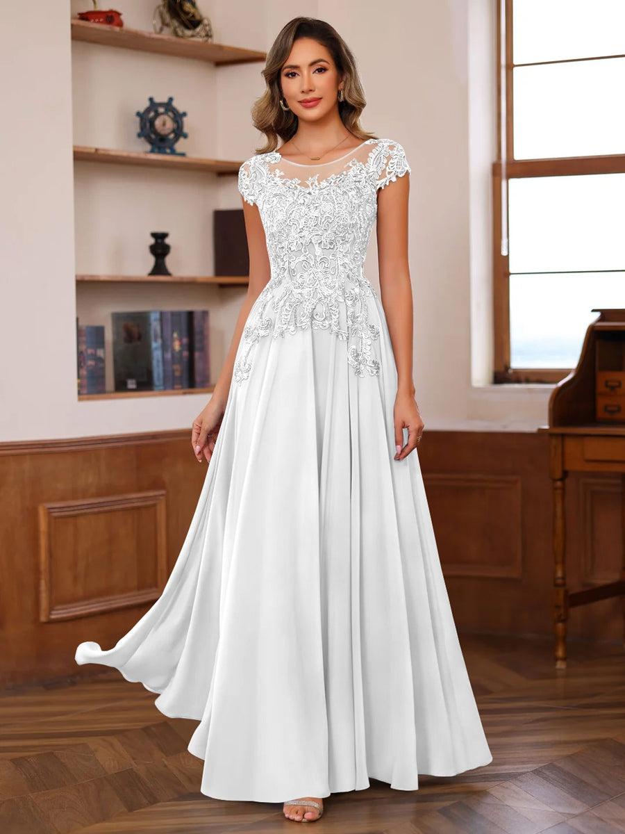 A-Line/Princess Scoop Neck Short Sleeves Floor-Length Mother of the Bride Dresses with Appliques