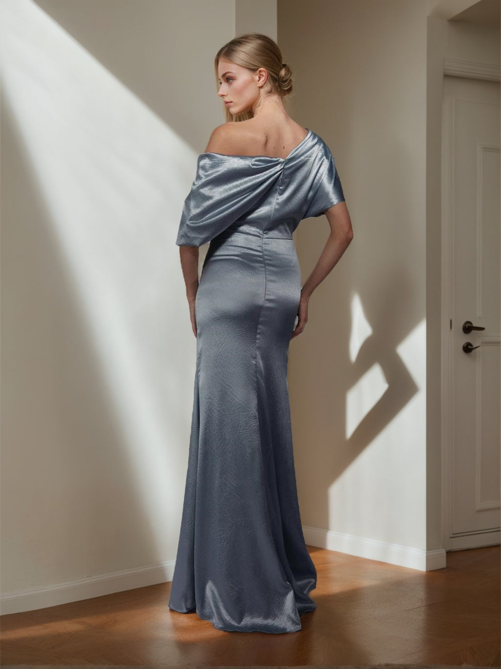 Sheath/Column One-Shoulder Short Sleeves Floor-Length Mother of the Bride Dress with Split Side