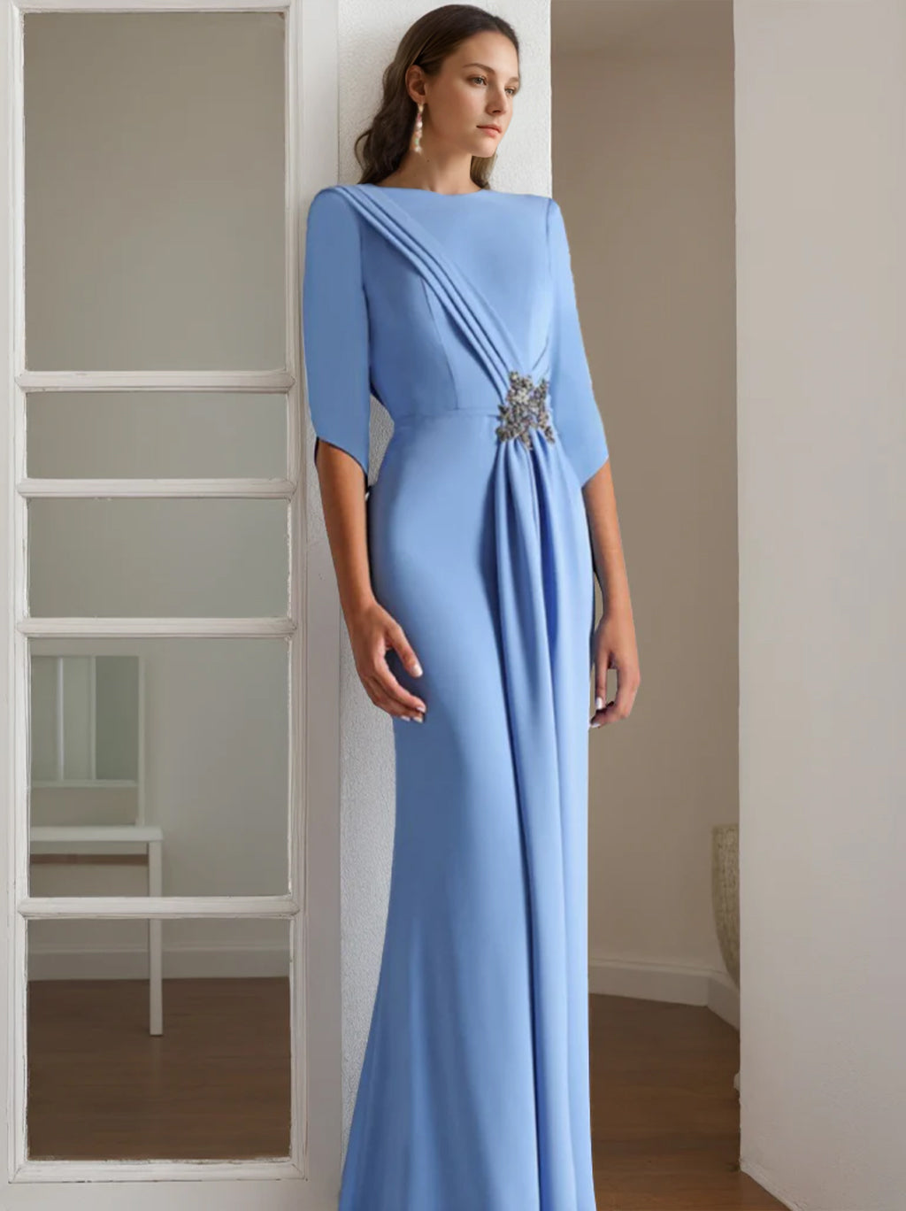Trumpet/Mermaid Scoop 1/2 Length Sleeves Floor-Length Mother of the Bride & Groom Dresses with Rhinestone