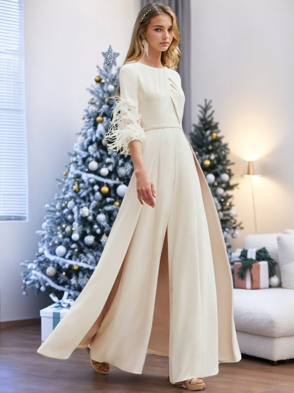 Stretch Satin Jewel Neck Half Sleeves Ankle-Length Mother Of The Bride Pantsuits With Feathers