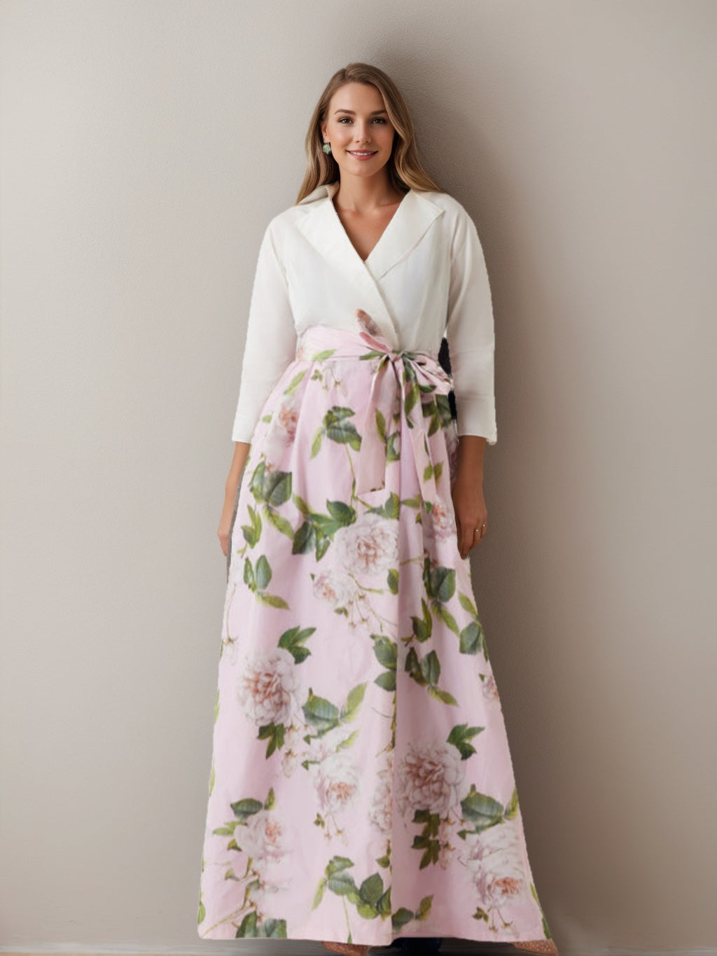 A-Line/Princess V-Neck 3/4 Sleeves Printed Floral Mother of the Bride Dresses with Bow Belt