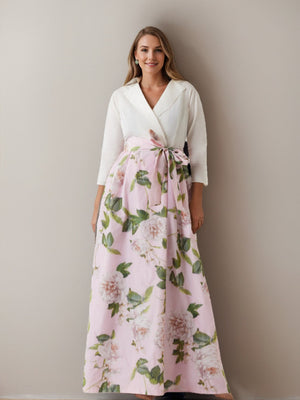 A-Line/Princess V-Neck 3/4 Sleeves Printed Floral Plus Size Mother of the Bride Dresses with Bow Belt