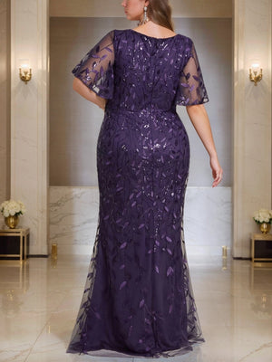Trumpet/Mermaid V-Neck Short Sleeves Floor-Length Plus Size Mother Of The Bride Dresses with Sequins