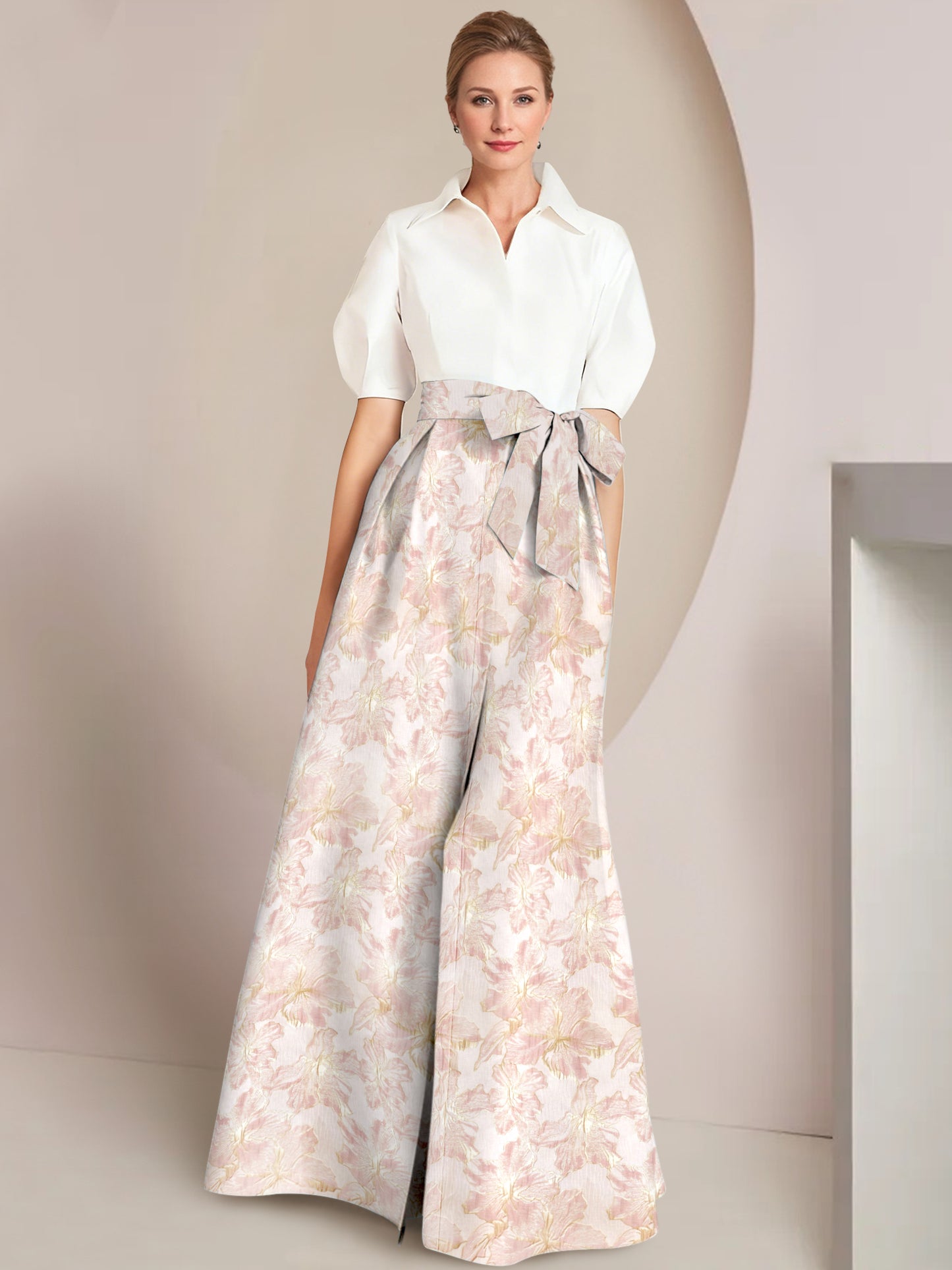 A-Line/Princess Mother Of The Bride Dresses Floral Formal Shirt Collar Short Sleeves Floor-Length 2 pieces with Bowknot Pocket