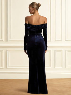 Mermaid Velvet Evening Gown Floor Length Off The Shoulder Long Sleeves With Back Zipper Ruched With High Split