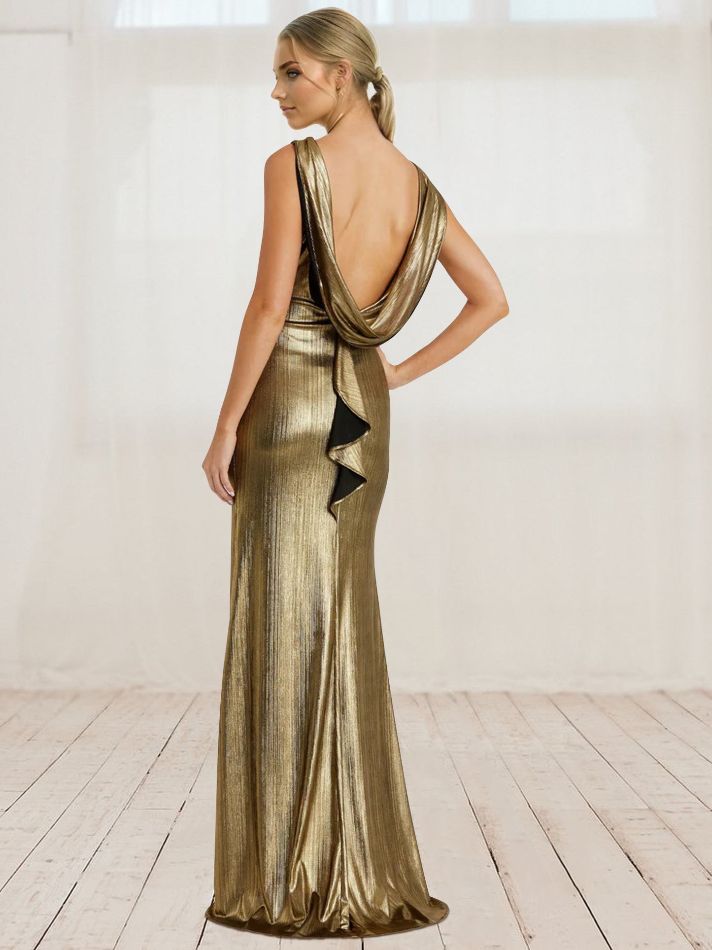 Sheath/Column Formal Evening Dress Dinner Cocktail Party Gold Floor Length Metallic Jersey Cowl Back Gown