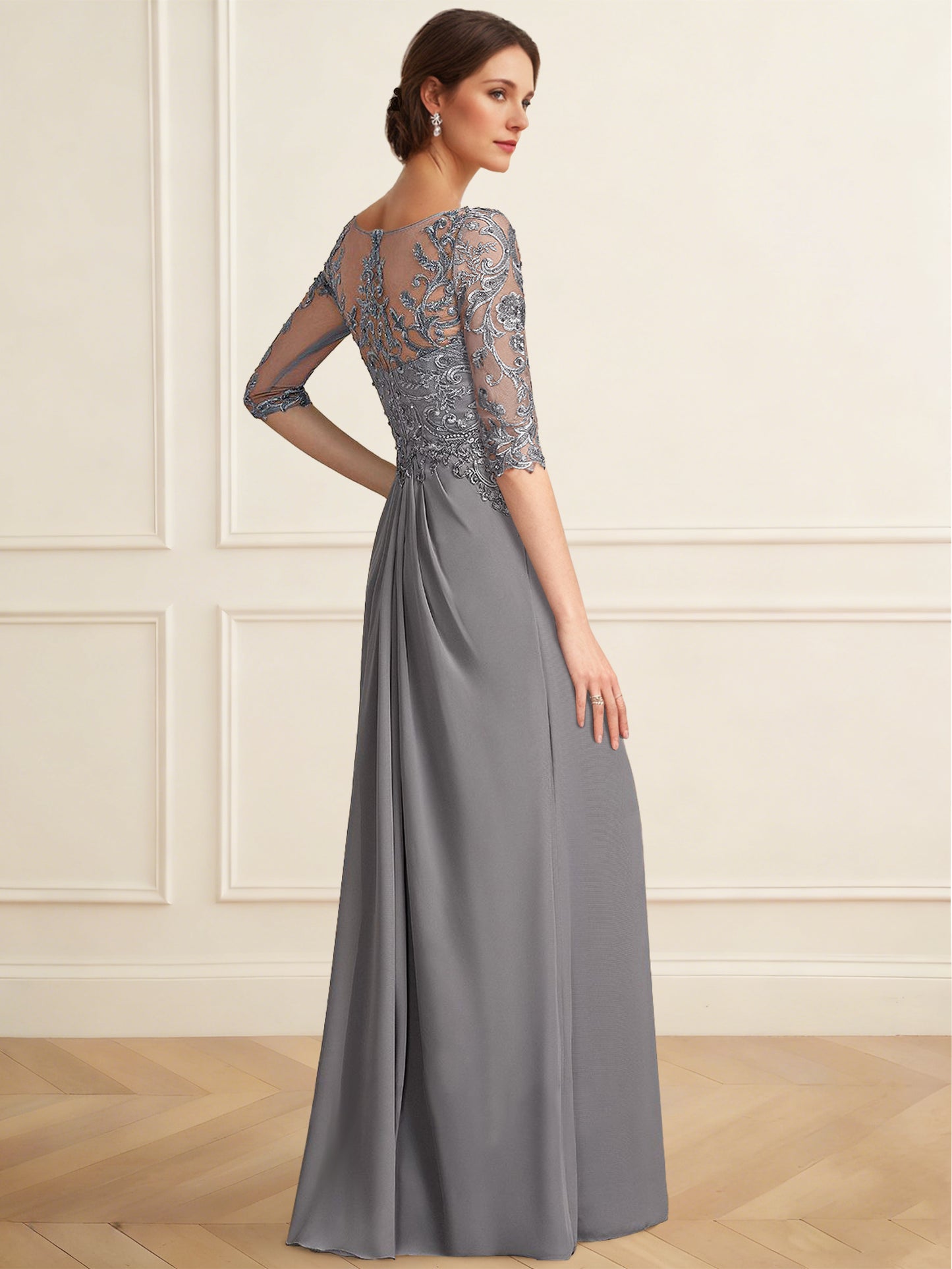 Sheath/Column Mother of the Bride Dresses Chiffon Plus Size Elegant Dress V Neck Short Sleeves Floor-Length With Sequins Appliques pleated