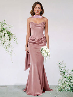 Trumpet/Mermaid Satin Bridesmaid Dresses For Wedding Sweetheart Sleeveless Floor-Length Scraf Stain Dresses With Pleats