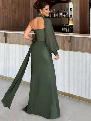 Sheath/Column Evening Dress Off The Shoulder Sleeveless Floor-Length High Side Split&Pleats Convertible Formal Dress