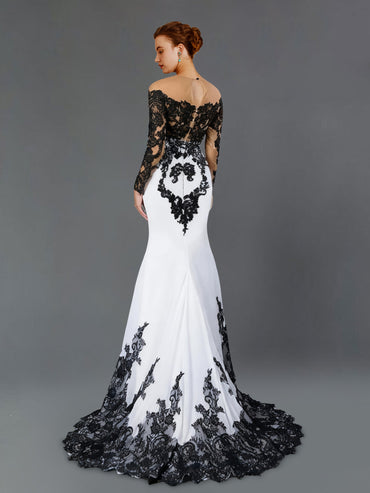 Mermaid Mother Of The Bride Dress Color Block Evening Dress Wedding Party Sweep / Brush Train Long Sleeve Off Shoulder Fall Wedding Reception Stretch Fabric with Lace