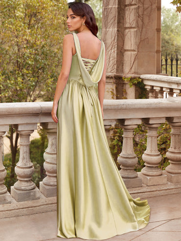 A-Line/Princess Stain Scoop Neck Sleeveless Floor-Length Prom Dresses With Side Slit&Back Zipper