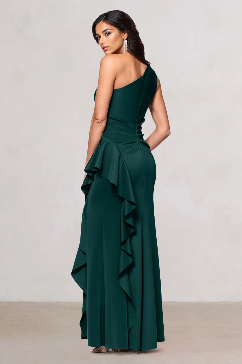 Sheath/Column Satin One-Shoulder Sleeveless Floor-Length Evening/Wedding Guest Dresses With Side Slit & Ruffle