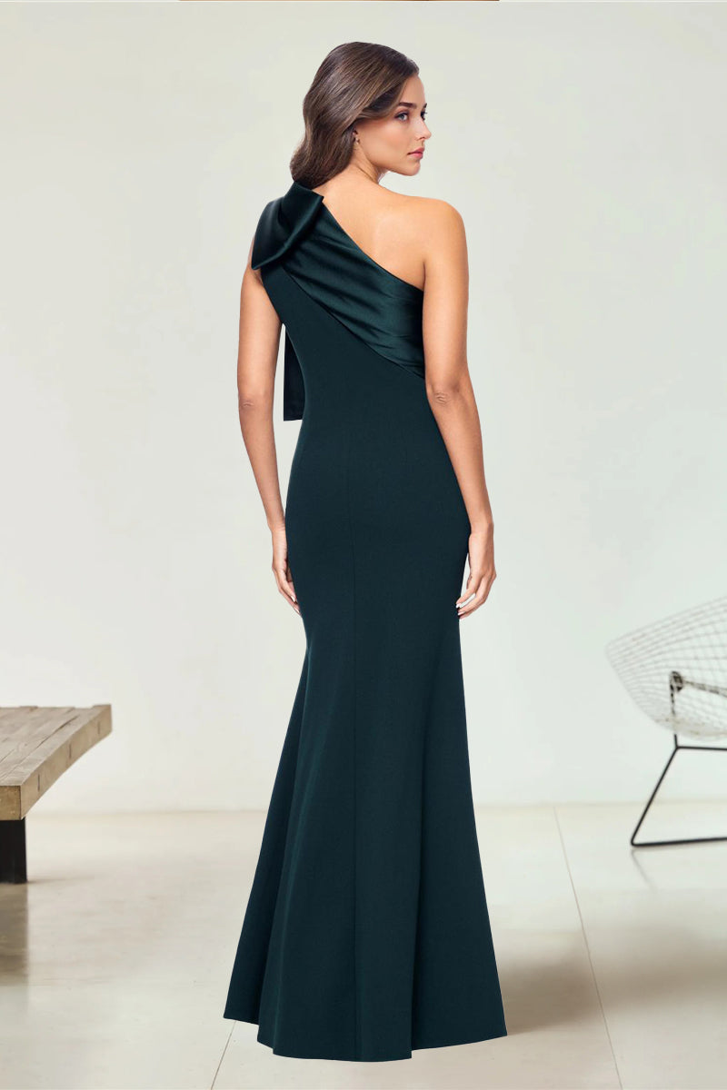 Sheath/Column Stretch Crepe & Satin Bow One-Shoulder Sleeveless Floor-Length Evening/Wedding Guest Dresses