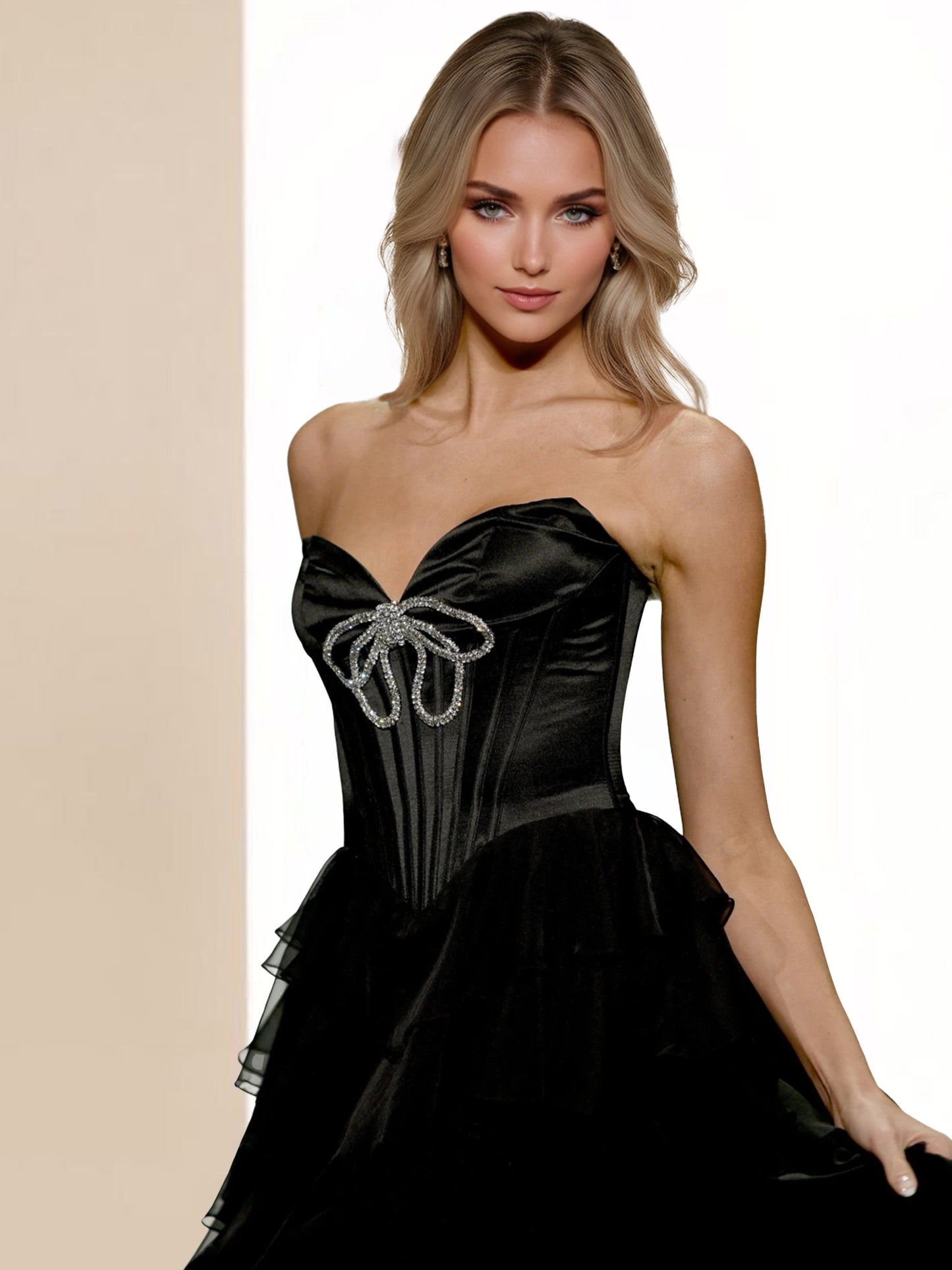 A-Line/Princess Tulle Sweetheart Sleeveless Floor-Length Prom Dresses With Decorated rhinestone bow