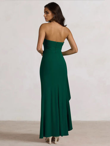 Sheath/Column Prom Dresses Off The Shoulder Sleeveless Ankle Length Wedding Guest Dress With Side Slit Ruffle