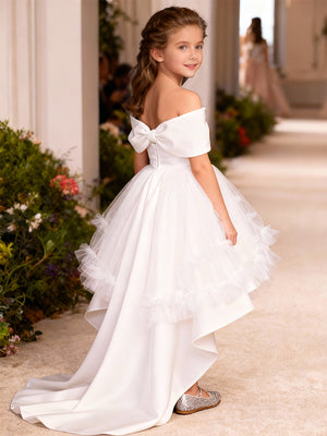 Ball Gown Flower Girl Dresses Tulle Birthday Dresses Off-the-Shoulder Sleeveless Asymmetrical Party Dresses With Bow