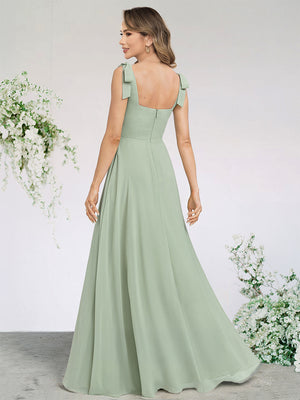 A-Line/Princess Chiffon Bridesmaid Dresses Wedding Dress Square Neck&Bow Sleeveless Floor-Length With Side Split&Pleats