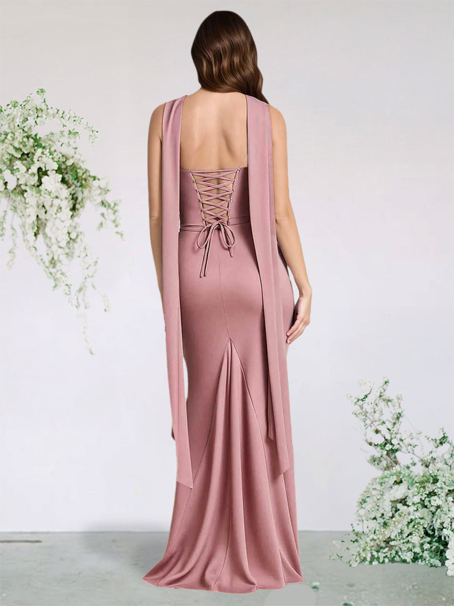 Trumpet/Mermaid Satin Bridesmaid Dresses For Wedding Sweetheart Sleeveless Floor-Length Scraf Stain Dresses With Pleats
