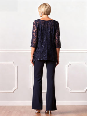 Chiffon Mother of the Bride Pantsuits 3 Pieces Scoop Neck Floor-Length With Jacket&Appliques Lace