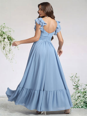A-Line/Princess Chiffon Bridesmaid Dresses For Wedding V-Neck Flying Sleeves Ankle-Length With Ruffle&Side Split