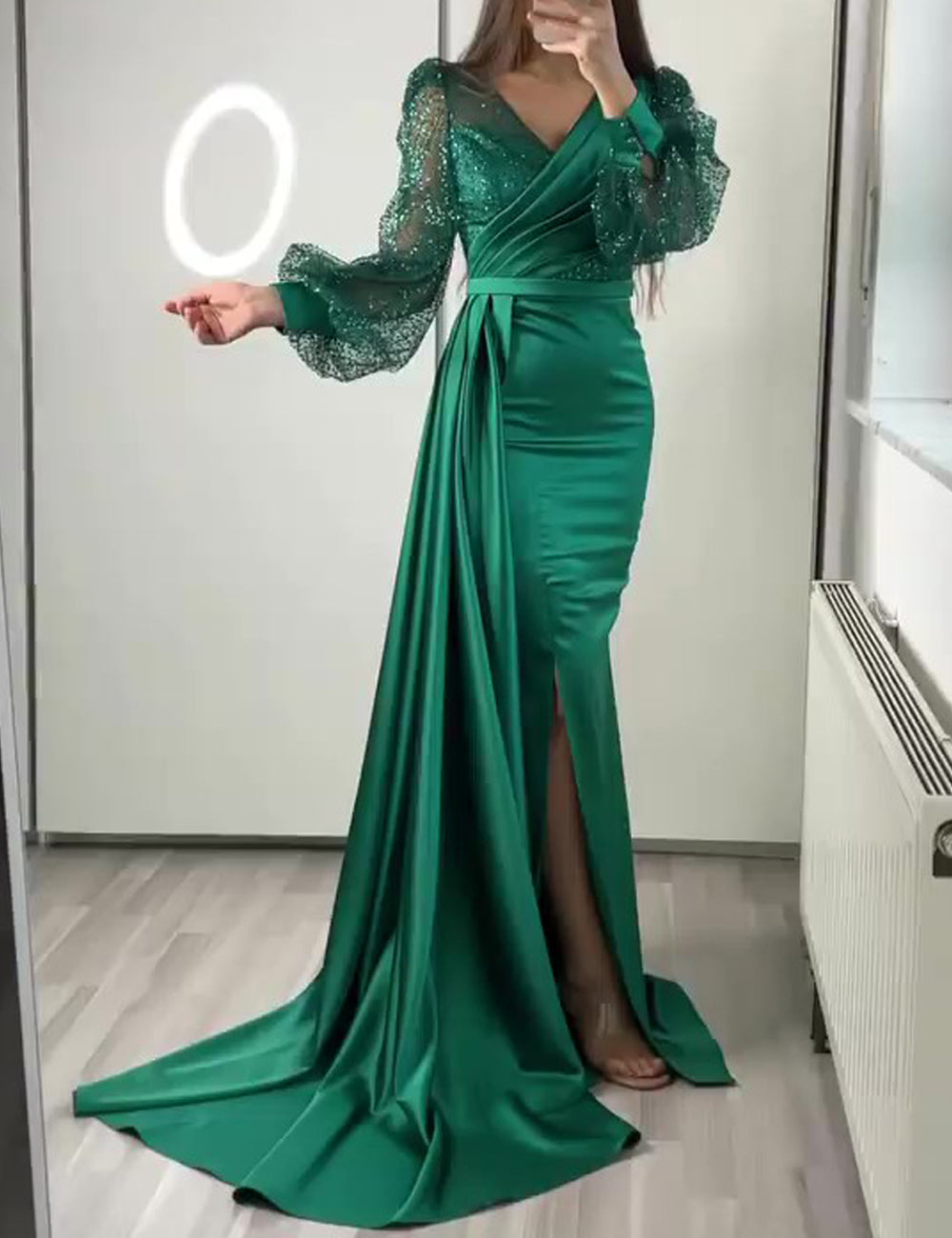 Mermaid Sequin Evening Gown Ruched Satin Dress Long Sleeves Floor Length V Neck with Sequins Overskirt Prom