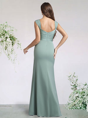Sheath/Column Satin Bridesmaid Dresses For Wedding Square Neck Sleeveless Floor-Length With Side Split&Pleats