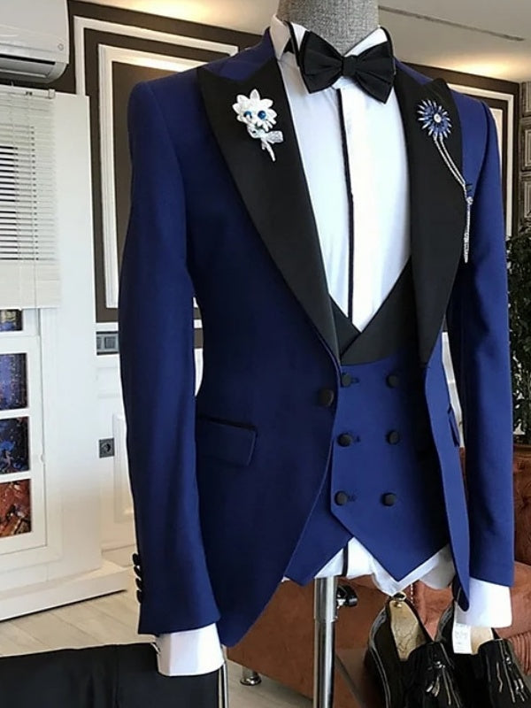 Men's Solid Colored Peak Tailored Fit Single Breasted Wedding Party Tuxedos 3 Piece