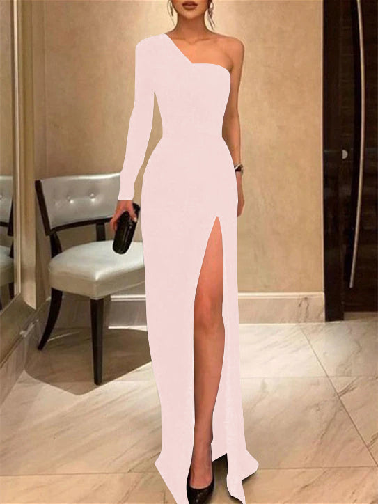 Sheath/Column One-Shoulder Floor-length Prom Silk Satin Dresses