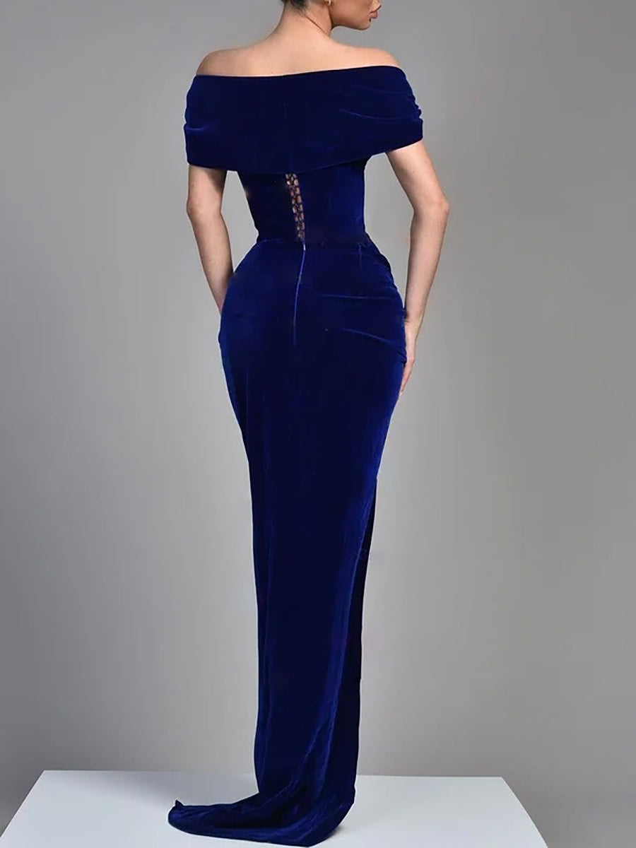 Black Evening Dress Mermaid Velvet Formal Dress Corset Off-the-Shoulder Floor-length Prom Dresses Christmas High Split 2025