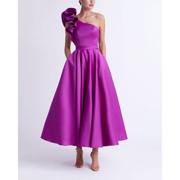 A-Line/Princess Cocktail Dress One-Shoulder Tea-Length Formal Wedding Guest Dresses