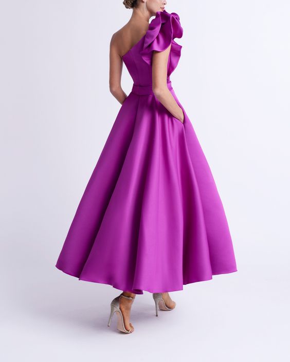 A-Line/Princess Cocktail Dress One-Shoulder Tea-Length Formal Wedding Guest Dresses