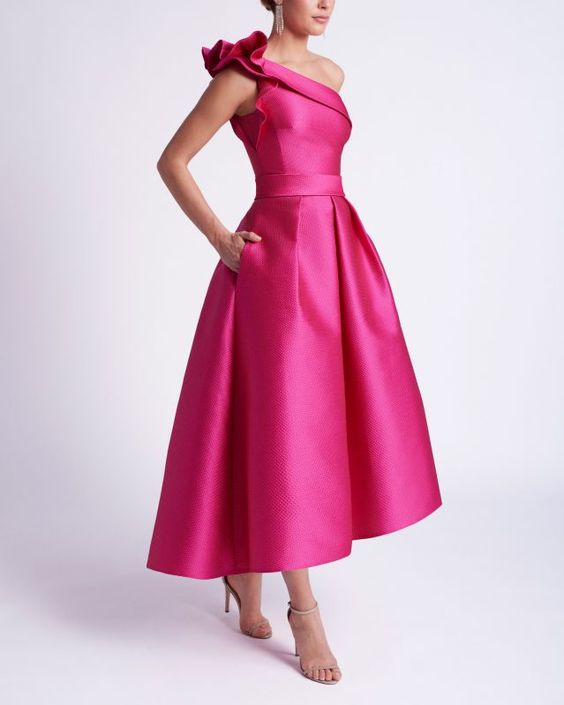 A-Line/Princess Cocktail Dress One-Shoulder Tea-Length Formal Wedding Guest Dresses