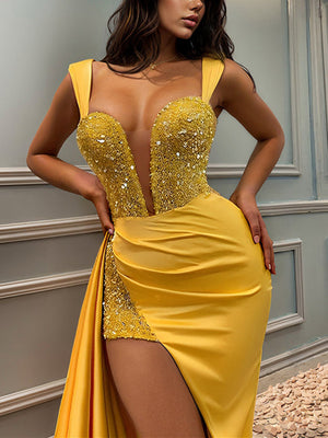 Sheath/Column Sweetheart Floor-length Long Evening Dresses With Split Side