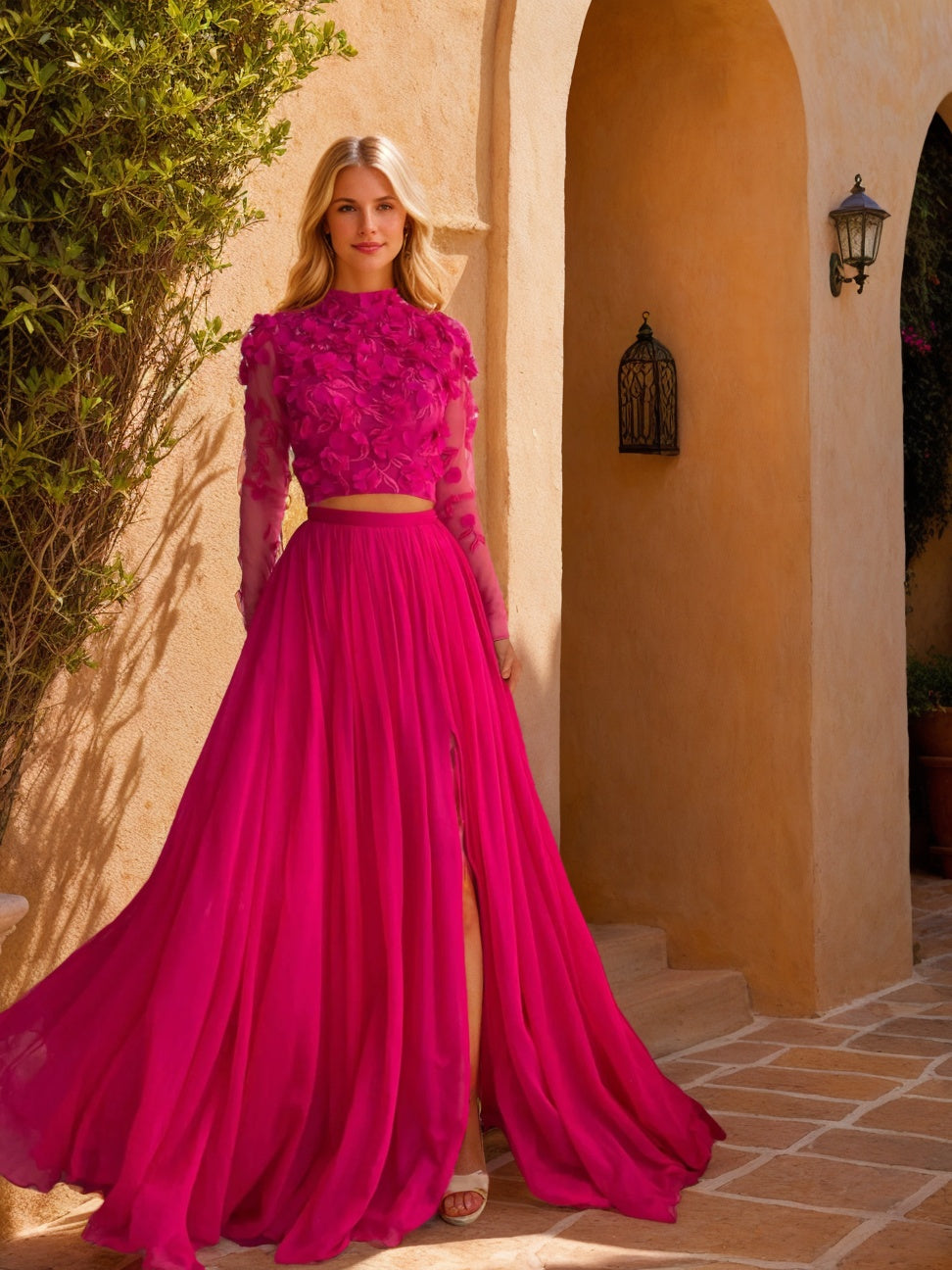 A-Line/Princess High Neck Long Prom Dresses With Split Side