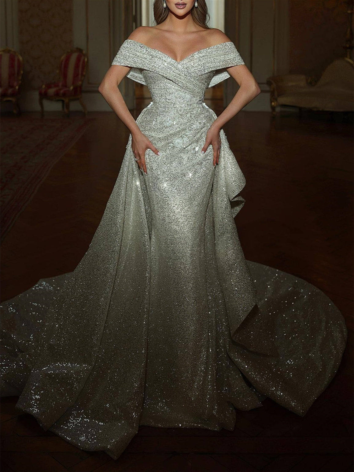 sheath column off the shoulder dress Sheath/Column Off-the-Shoulder Wedding Dress Sparkle Formal Gowns Swee