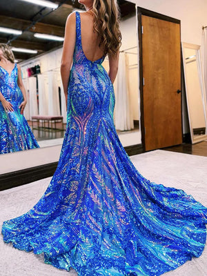 Trumpet/Mermaid V-Neck Sleeveless Floor-length Long Prom Floral Dresses with Sequins