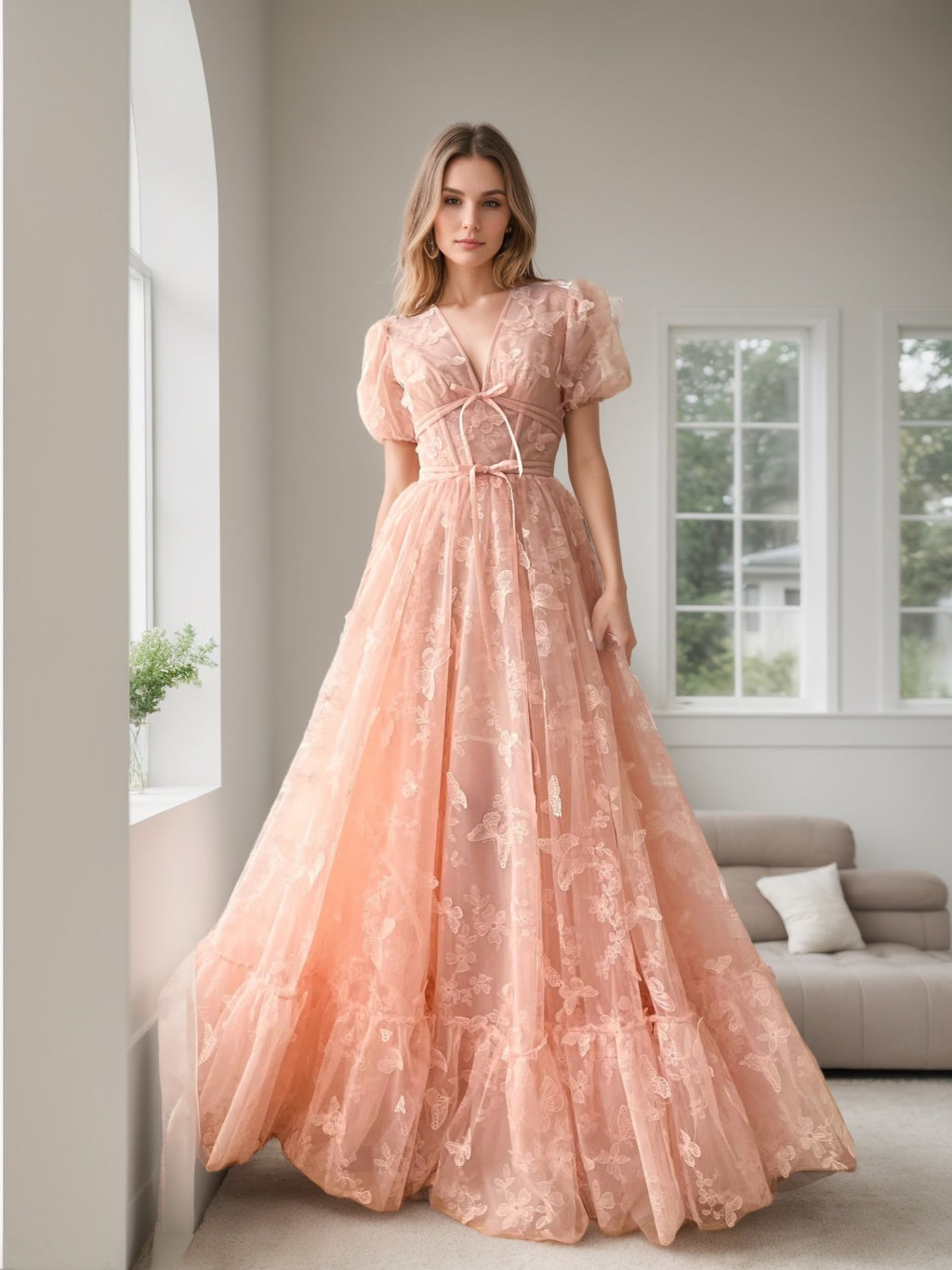 A-Line/Princess V-neck Short Sleeves Floor-length Formal Prom Dresses with Flower