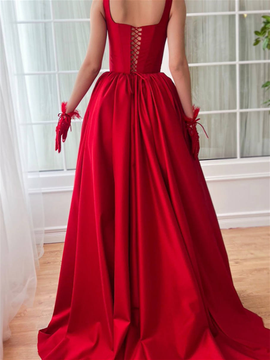 A-Line/Princess Square Neck Spaghetti Straps Sleeveless Floor-Length Prom Dresses