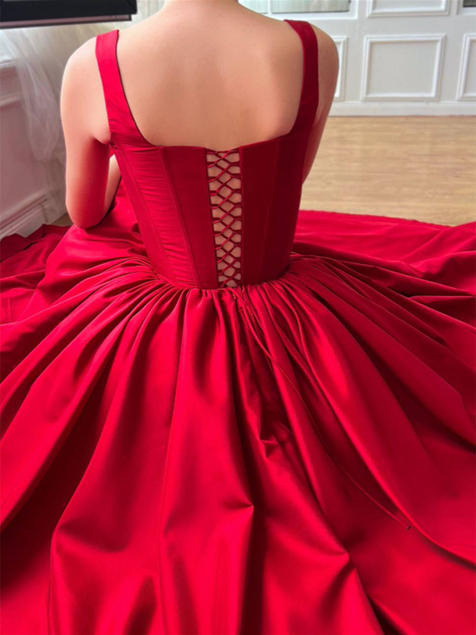 A-Line/Princess Square Neck Spaghetti Straps Sleeveless Floor-Length Prom Dresses