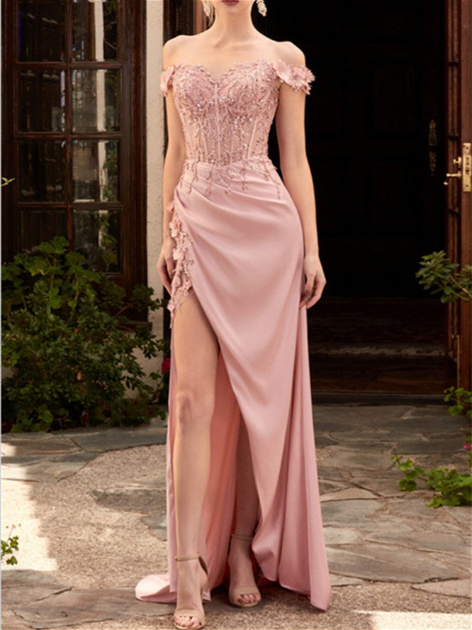 A-Line/Princess Sweetheart Off-the-Shoulder Floor-Length Prom Dresses with Lace Embroidery
