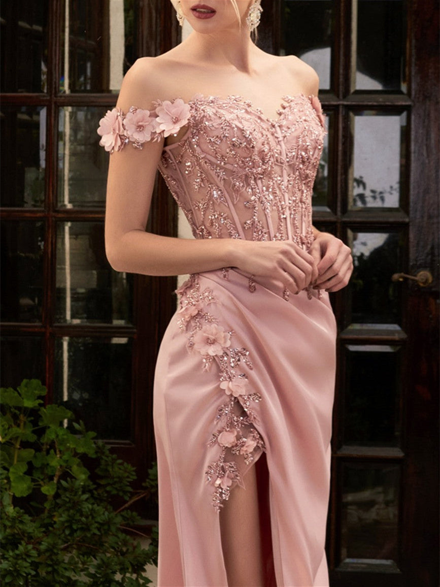 A-Line/Princess Sweetheart Off-the-Shoulder Floor-Length Prom Dresses with Lace Embroidery
