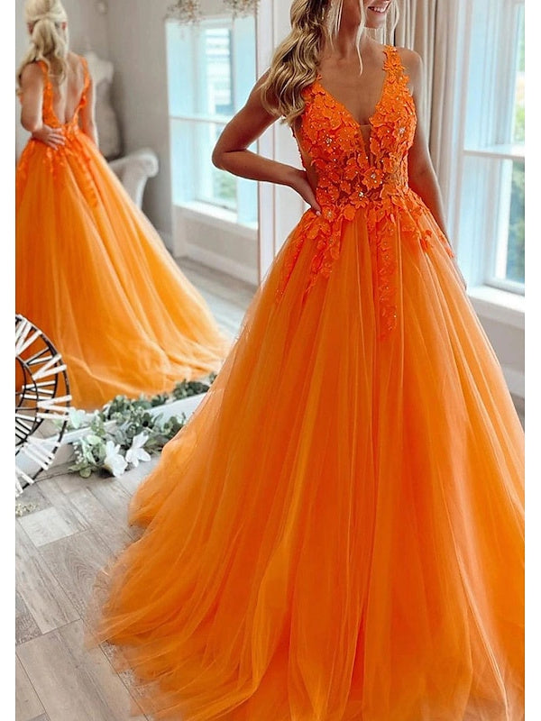 A-Line/Princess V Neck Floor-Length Prom Dresses with with Pleats Beading