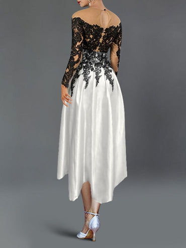 A-Line Mother Of The Bride Dress Princess Illusion Neck Tea-Length Cocktail Dresses with Lace Sleeves
