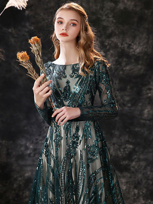 A-Line/Princess Scoop Neck Long Sleeves Court Train Prom Dresses With Lace