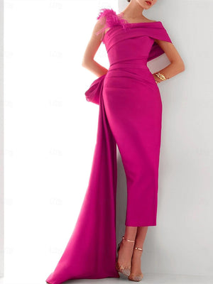 Sheath/Column One Shoulder Sleeveless Sweep/Brush Train Evening Gown Elegant Dress Formal Satin with Feather Bow(s)