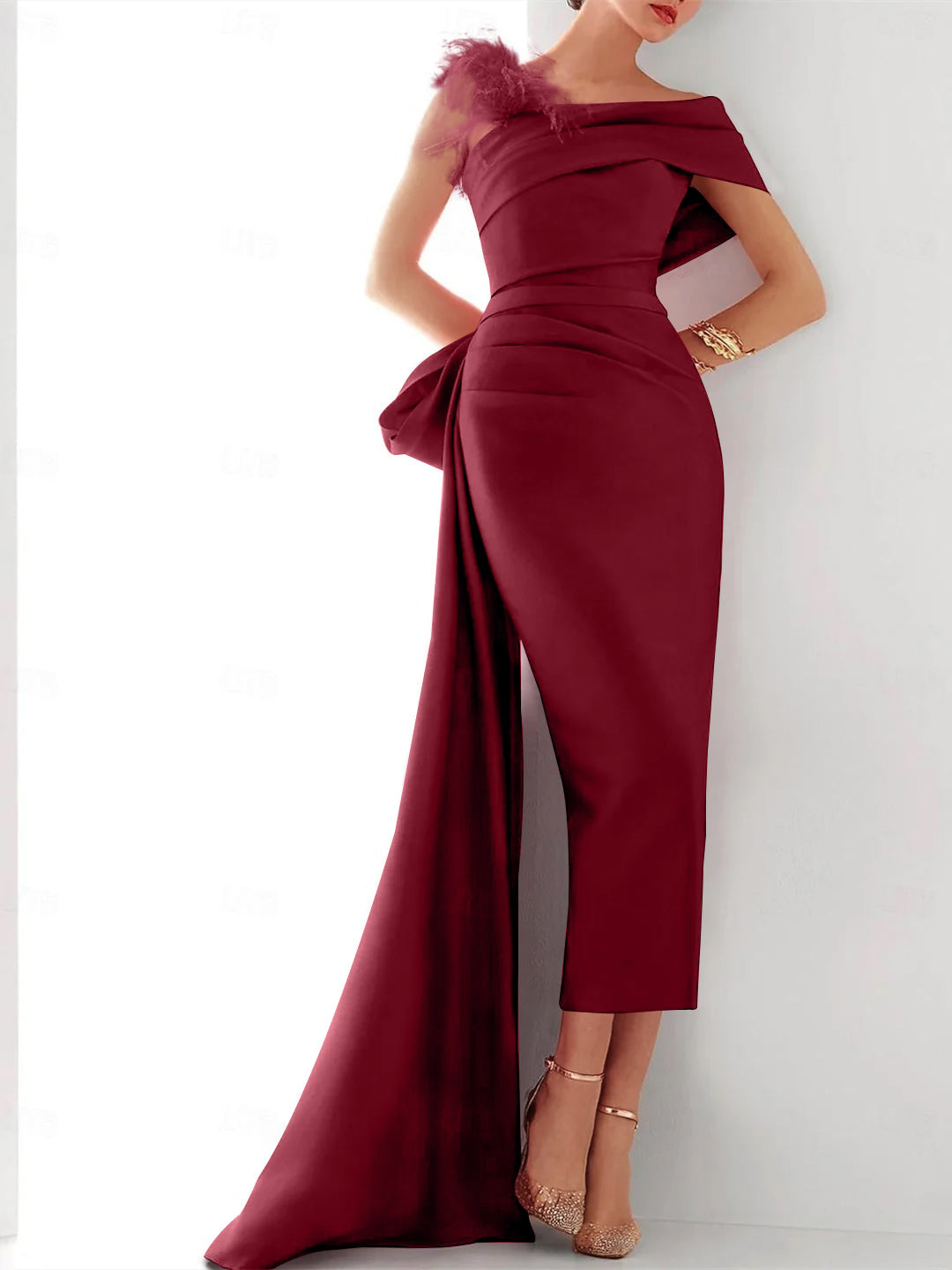 Sheath/Column One Shoulder Sleeveless Sweep/Brush Train Evening Gown Elegant Dress Formal Satin with Feather Bow(s)