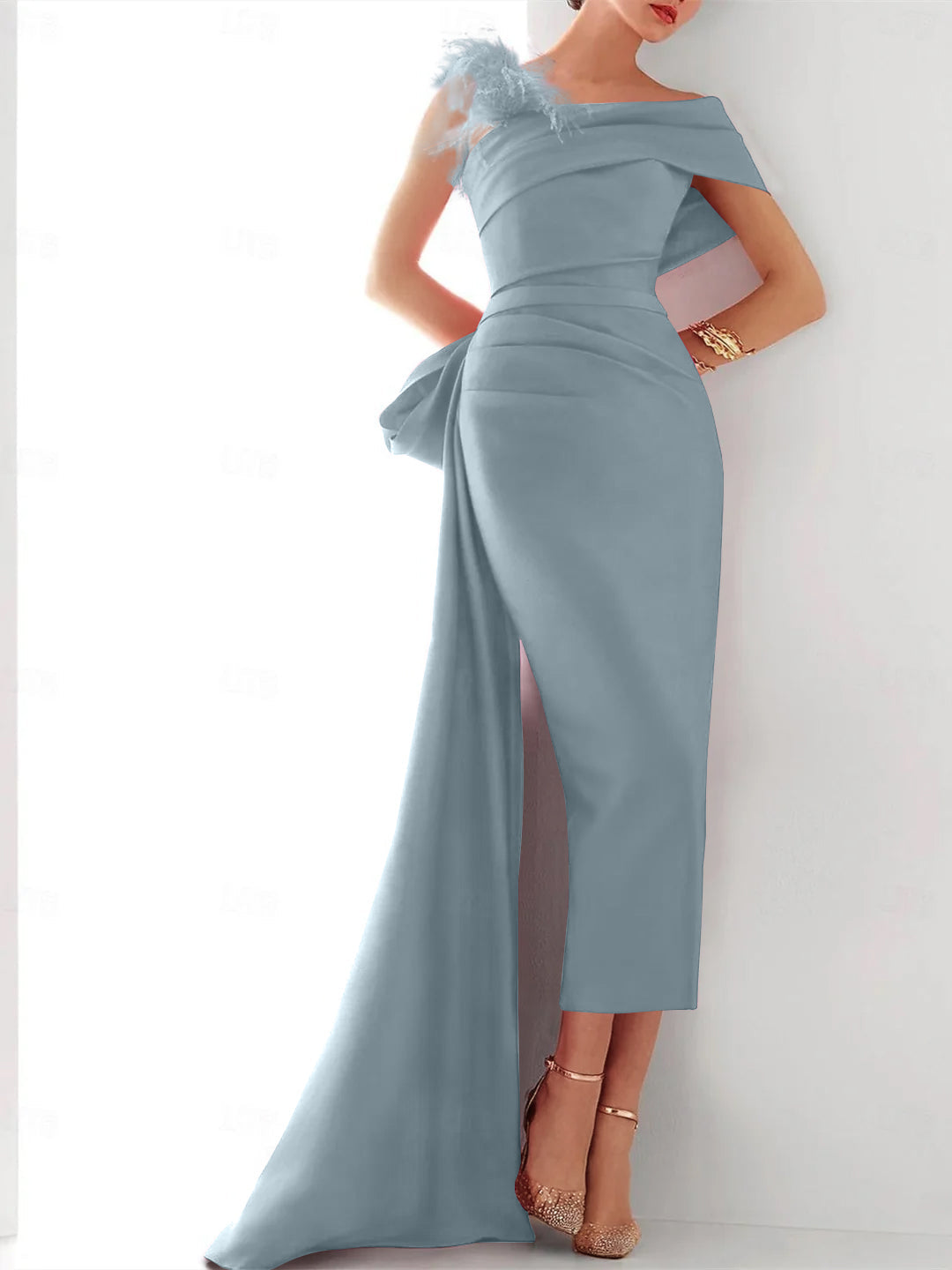 Sheath/Column One Shoulder Sleeveless Sweep/Brush Train Evening Gown Elegant Dress Formal Satin with Feather Bow(s)