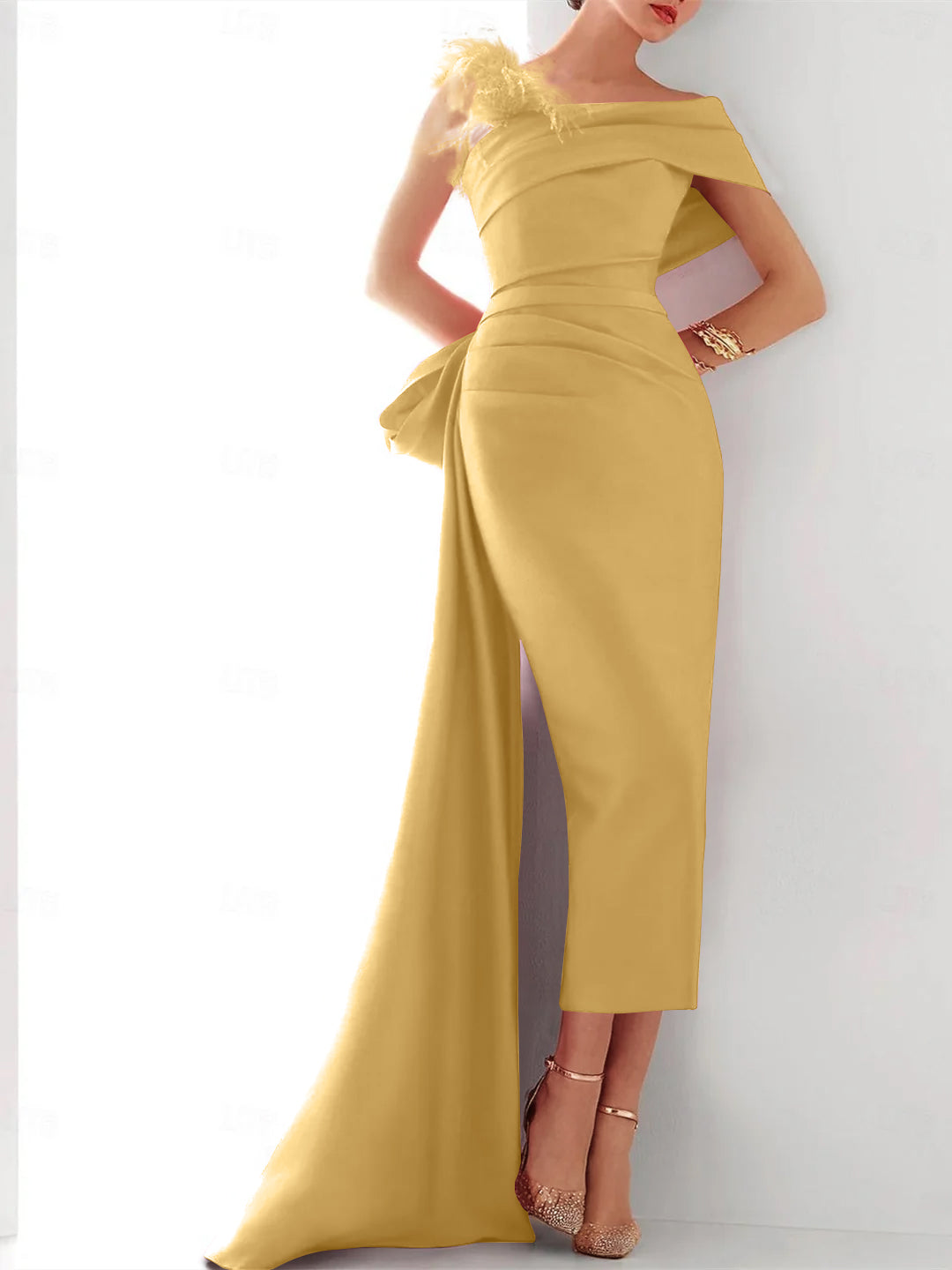 Sheath/Column One Shoulder Sleeveless Sweep/Brush Train Evening Gown Elegant Dress Formal Satin with Feather Bow(s)