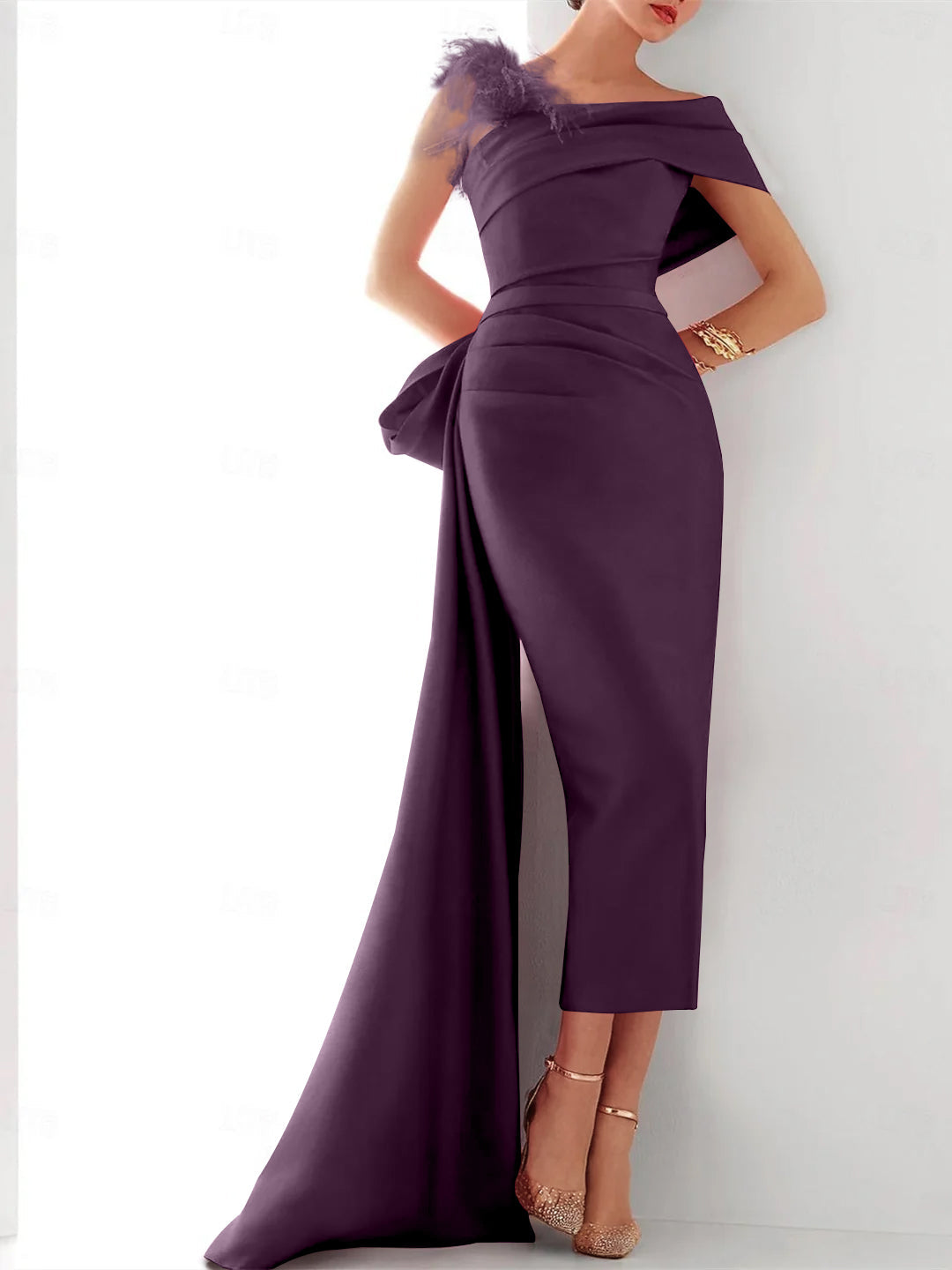 Sheath/Column One Shoulder Sleeveless Sweep/Brush Train Evening Gown Elegant Dress Formal Satin with Feather Bow(s)