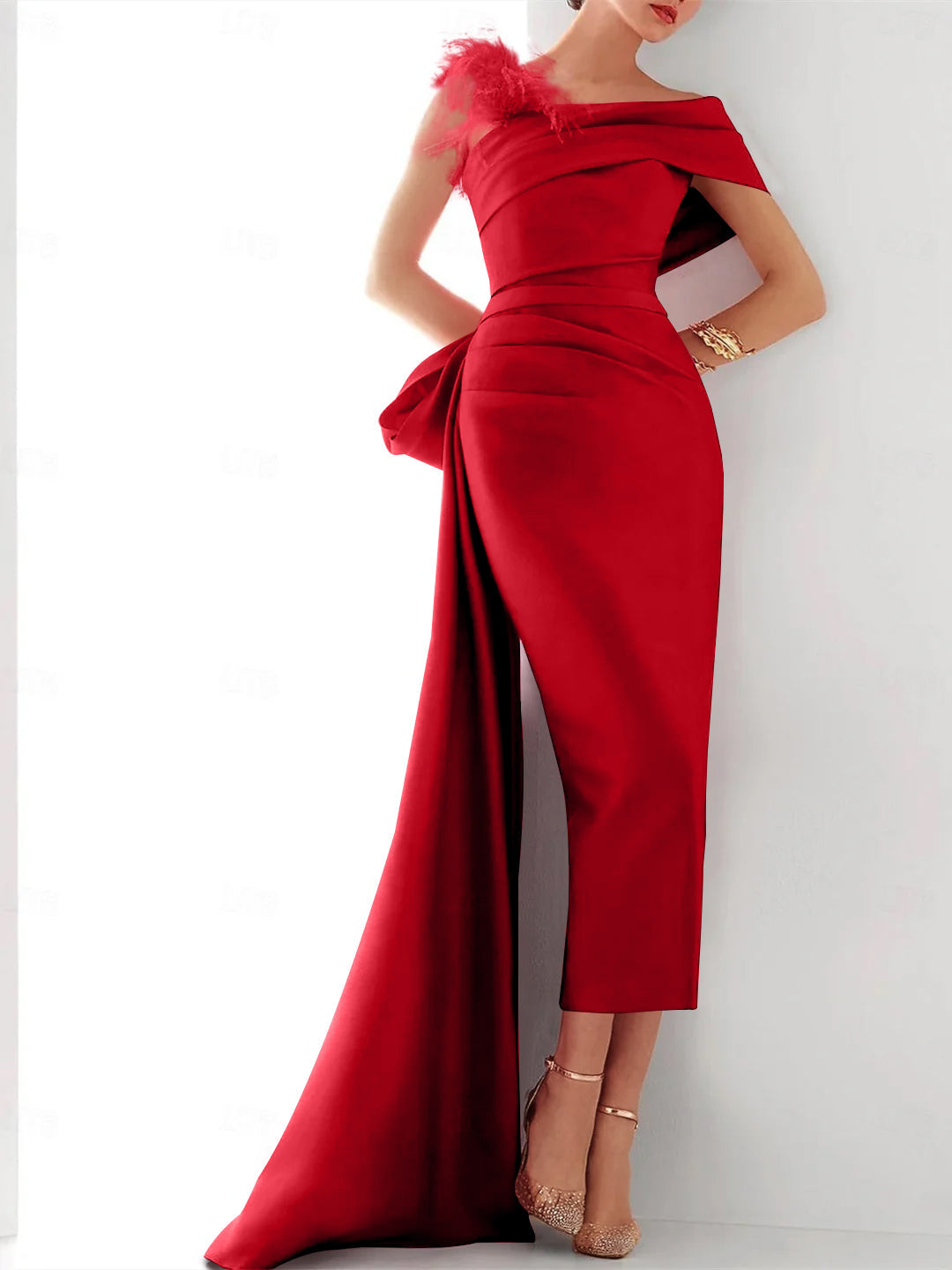 Sheath/Column One Shoulder Sleeveless Sweep/Brush Train Evening Gown Elegant Dress Formal Satin with Feather Bow(s)